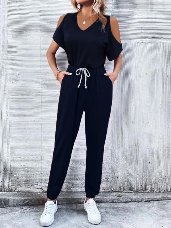 V-Neck Cold-Shoulder Jumpsuit with Pockets Wide leg jumpsuit, Casual, Trendy, Chic
