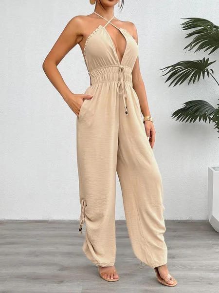 Women's Solid Backless Criss Cross Halter Neck V-neck Wide-Leg Jumpsuit H8B8TVWV6E V-neck jumpsuit, Flattering, Sexy, Night out Women's Solid Backless Criss Cross Halter Neck V-neck Wide-Leg Jumpsuit H8B8TVWV6E V-neck jumpsuit, Flattering, Sexy, Night out