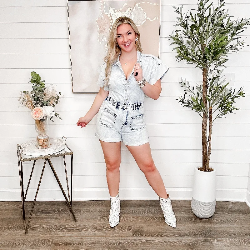 You Won't Forget Cotton Blend Short Sleeve Denim Avery Mae Romper Minimalist jumpsuit, Sleek, Stylish, Casual You Won't Forget Cotton Blend Short Sleeve Denim Avery Mae Romper Minimalist jumpsuit, Sleek, Stylish, Casual