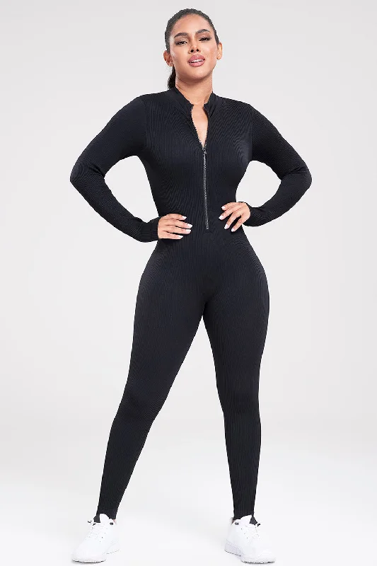 Zip Up Ribbed Long Sleeve Skinny Active Jumpsuit Jumpsuit with bow tie, Feminine, Trendy, Elegant Zip Up Ribbed Long Sleeve Skinny Active Jumpsuit Jumpsuit with bow tie, Feminine, Trendy, Elegant