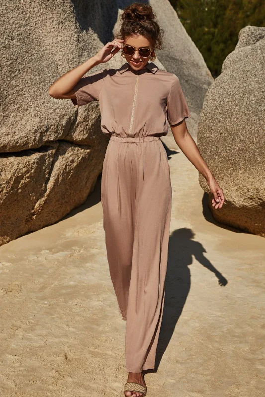 Zip Up Short Sleeve Collared Jumpsuit Long sleeve jumpsuit, Cozy, Fall collection, Stylish Zip Up Short Sleeve Collared Jumpsuit Long sleeve jumpsuit, Cozy, Fall collection, Stylish