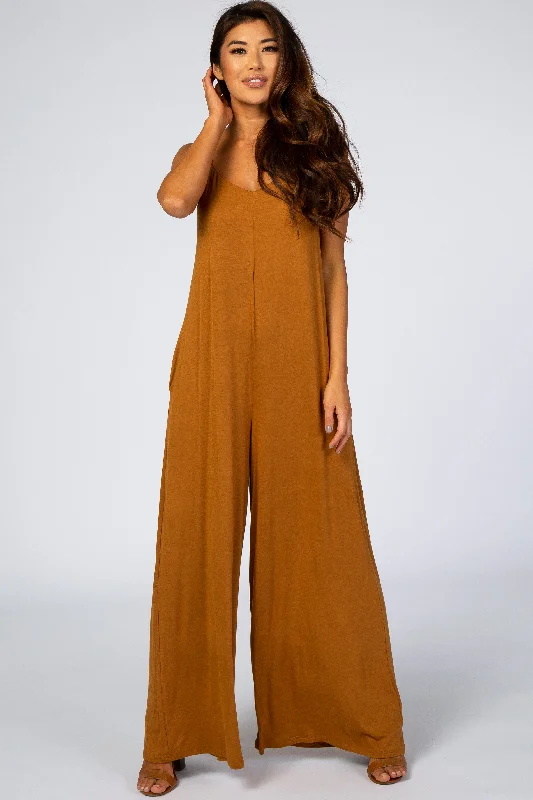Camel Cross Back Wide Leg Jumpsuit Ruffle sleeve jumpsuit, Feminine, Elegant, Chic